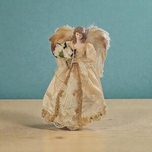 Large Vintage Christmas Angel Doll Tree Topper Feather Wings Gold Gown 14x10